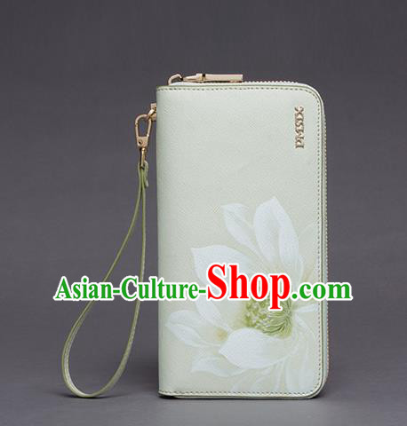 Traditional Handmade Asian Chinese Element Printing Lotus Wallet National Handbag White Purse for Women