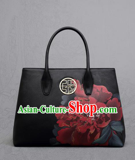 Traditional Handmade Asian Chinese Element Clutch Bags Shoulder Bag National Printing Peony Black Handbag for Women