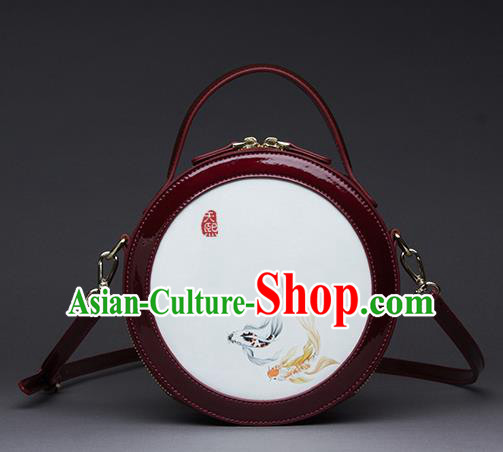 Traditional Handmade Asian Chinese Element Printing Messenger Bags Shoulder Bag National Red Round Handbag for Women