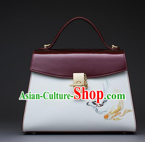 Traditional Handmade Asian Chinese Element Patent Leather Clutch Bags Shoulder Bag National Printing Fish Red Handbag for Women