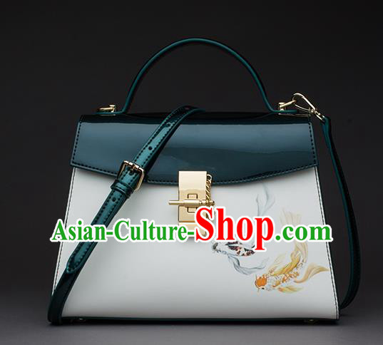 Traditional Handmade Asian Chinese Element Patent Leather Clutch Bags Shoulder Bag National Printing Fish Green Handbag for Women