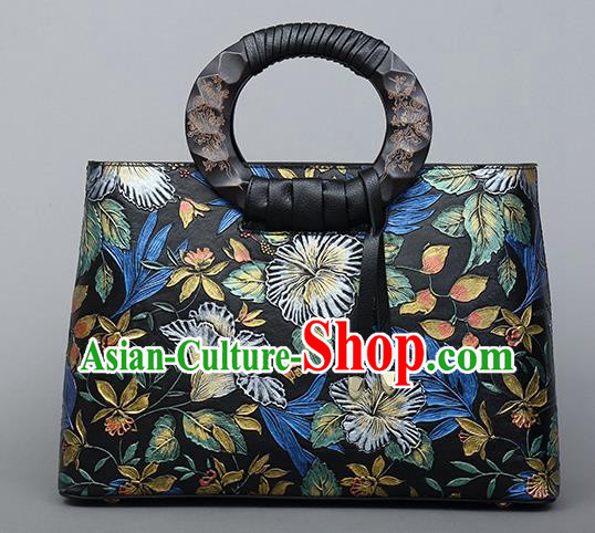 Traditional Handmade Asian Chinese Element Clutch Bags Shoulder Bag National Printing Flowers Evening Dress Leather Handbag for Women