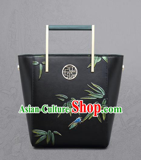 Traditional Handmade Asian Chinese Element Clutch Bags Shoulder Bag National Knurling Bamboo Leaves Leather Handbag for Women