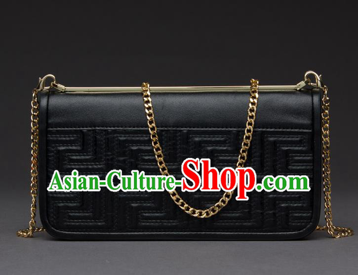 Traditional Handmade Asian Chinese Element Knurling Haversack Wallet National Handbag Black Chain Purse for Women