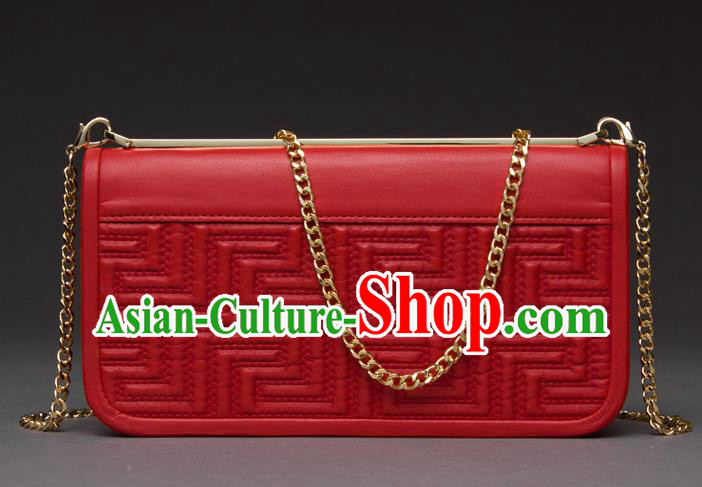 Traditional Handmade Asian Chinese Element Knurling Haversack Wallet National Handbag Red Chain Purse for Women