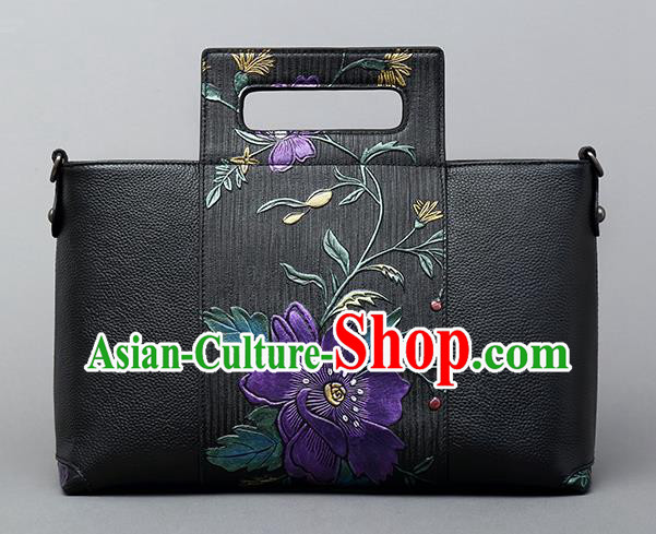 Traditional Handmade Asian Chinese Element Knurling Clutch Bags Shoulder Bag National Black Leather Handbag for Women