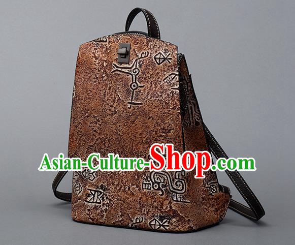 Traditional Handmade Asian Chinese Element Clutch Bags Backpack National Bronze Pattern Brown Leather Handbag for Women