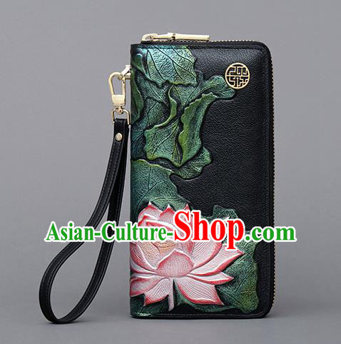 Traditional Handmade Asian Chinese Element Embroidery Lotus Wallet National Handbag Purse for Women