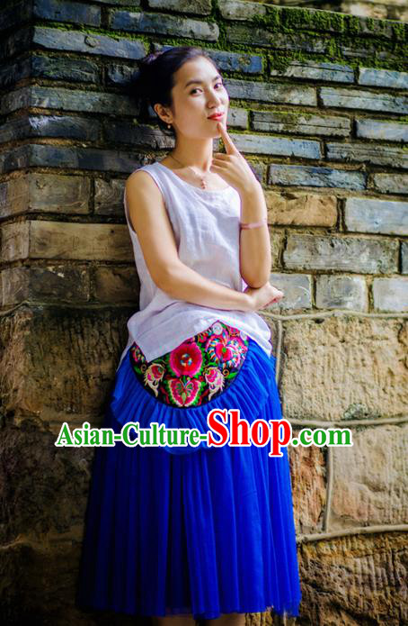 Traditional Handmade Chinese National Embroidery Miao Nationality Waist Pocket Blue Belt for Women