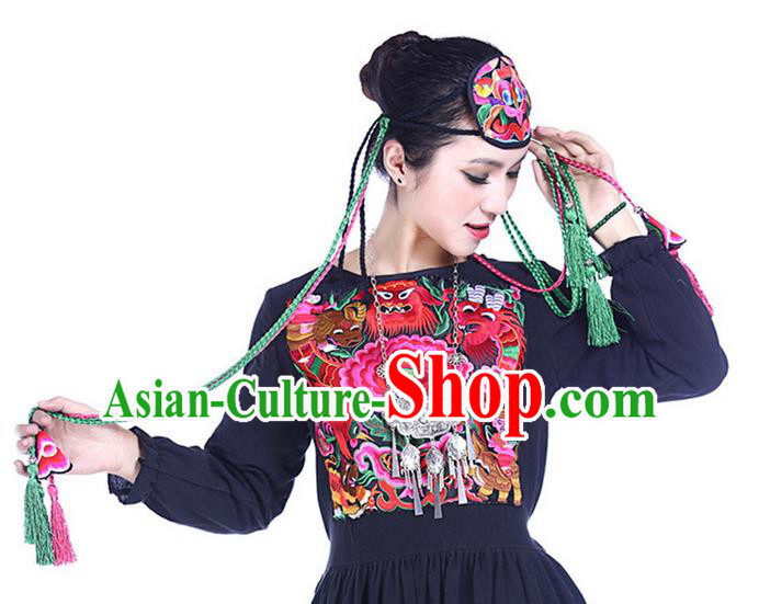 Traditional Handmade Chinese National Embroidery Headwear Miao Nationality Rosy Headband for Women
