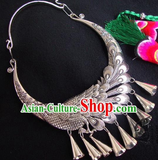 Traditional Handmade Chinese National Miao Nationality Silver Bells Peacock Necklace for Women