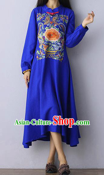 Traditional Chinese National Costume Linen Long Cheongsam Dress, Elegant Hanfu Tang Suit Embroidery Blue Dress for Women