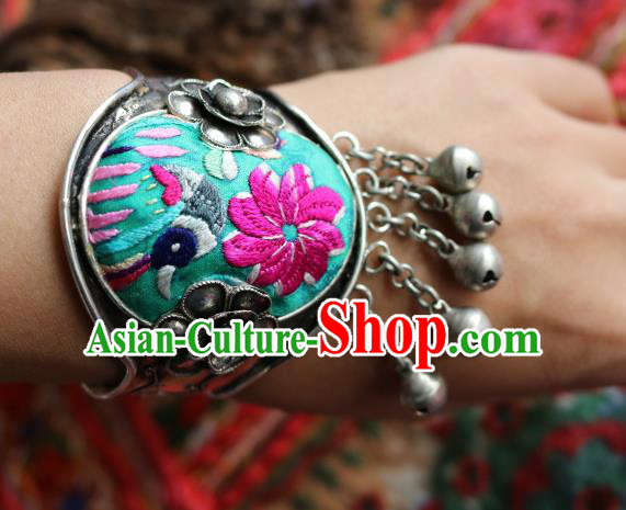 Traditional Handmade Chinese National Miao Nationality Sliver Bracelet Embroidery Bells Tassel Bangle for Women