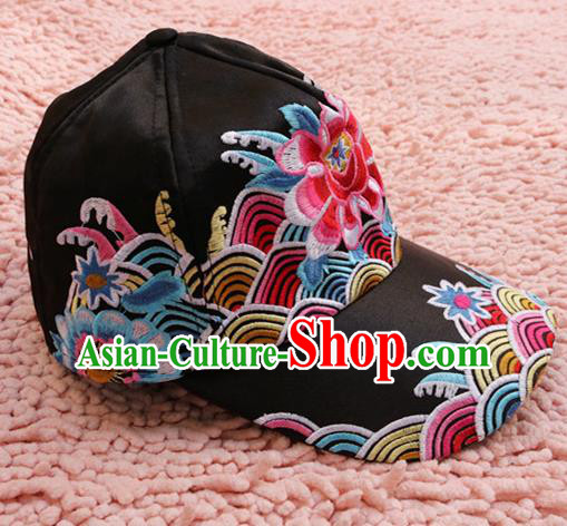 Traditional Handmade Chinese National Embroidery Headwear Miao Nationality Black Cap for Women