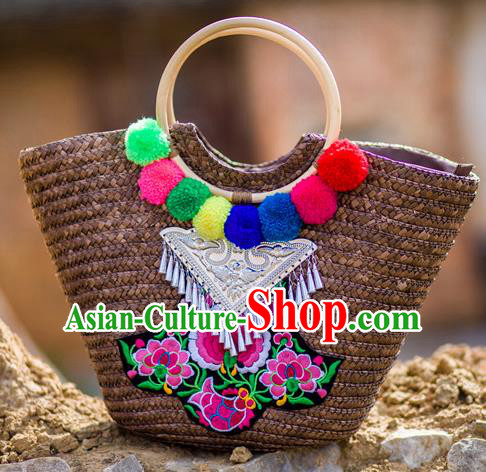 Traditional Handmade Chinese National Straw Plaited Article Bags Embroidery Miao Nationality Sliver Handbag