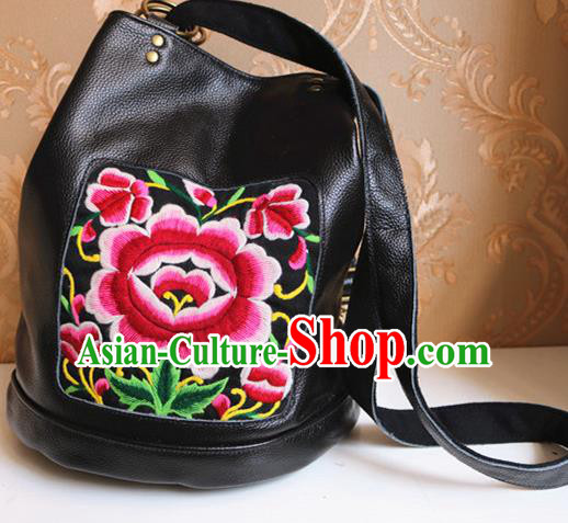 Traditional Handmade Chinese National Shoulder Bag Miao Nationality Embroidery Flowers Leather Bags for Women