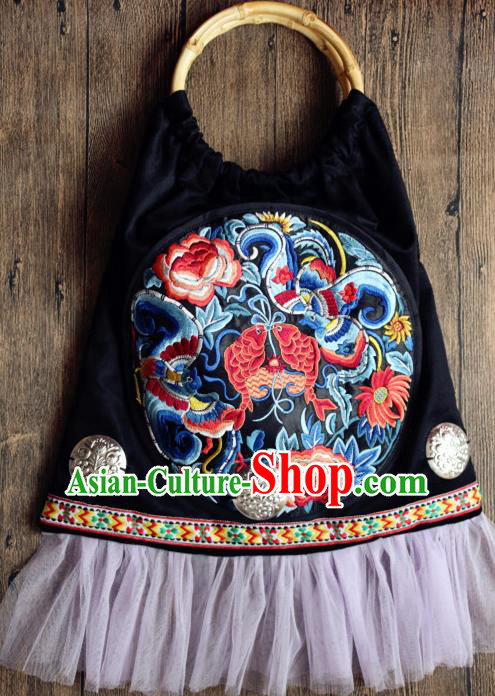 Traditional Handmade Chinese National Article Bags Embroidery Dragon Miao Nationality Bamboo Handle Handbag