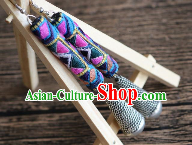 Traditional Handmade Chinese National Miao Nationality Sliver Eardrop Embroidery Earrings for Women