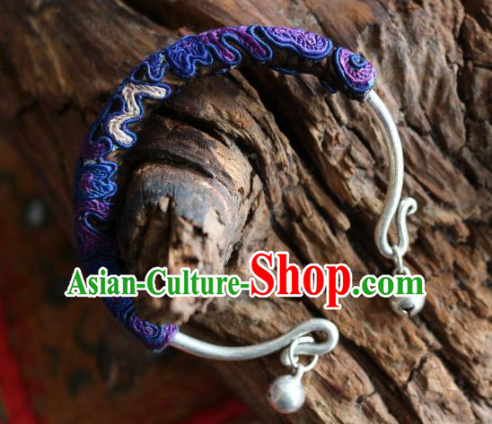 Traditional Handmade Chinese National Miao Nationality Sliver Bracelet Purple Embroidery Bell Bangle for Women