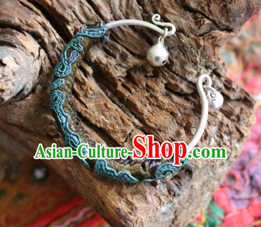 Traditional Handmade Chinese National Miao Nationality Sliver Bracelet Green Embroidery Bell Bangle for Women