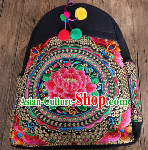 Traditional Handmade Chinese National Shoulders Bag Miao Nationality Embroidery Flowers Backpack Bags for Women