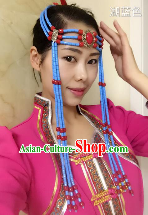 Traditional Handmade Chinese  Mongol Nationality Dance Hair Accessories Headwear, China Mongols Mongolian Minority Nationality Blue Beads Tassel Headpiece for Women
