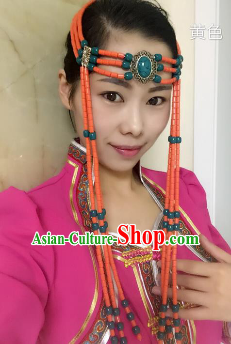 Traditional Handmade Chinese  Mongol Nationality Dance Hair Accessories Headwear, China Mongols Mongolian Minority Nationality Orange Beads Tassel Headpiece for Women