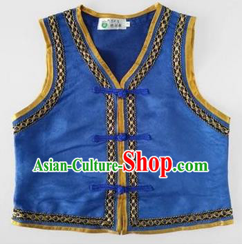 Traditional Chinese Mongol Nationality Dance Costume, Mongols Children Folk Dance Ethnic Vest, Chinese Mongolian Minority Nationality Embroidery Blue Waistcoat for Kids