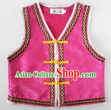 Traditional Chinese Mongol Nationality Dance Costume, Mongols Children Folk Dance Ethnic Vest, Chinese Mongolian Minority Nationality Embroidery Pink Waistcoat for Kids