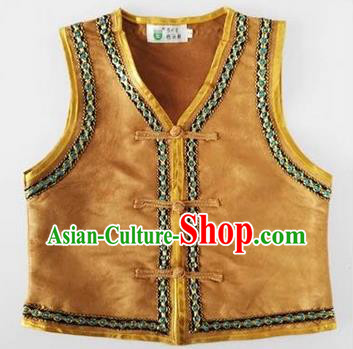 Traditional Chinese Mongol Nationality Dance Costume, Mongols Children Folk Dance Ethnic Vest, Chinese Mongolian Minority Nationality Embroidery Light Tan Waistcoat for Kids