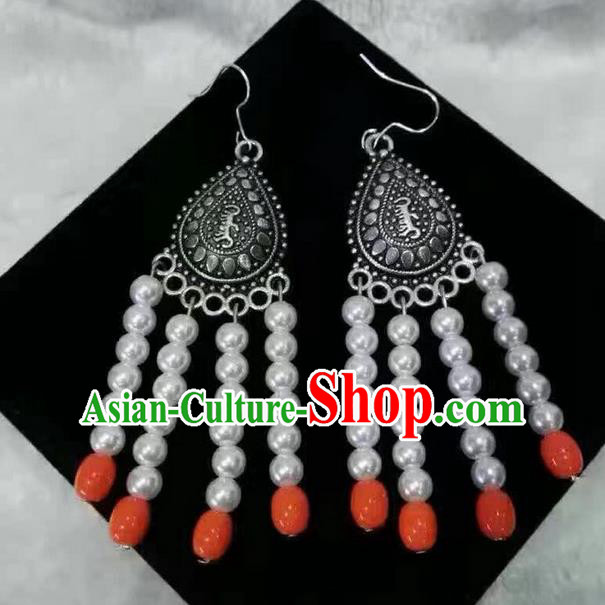 Traditional Handmade Chinese  Mongol Nationality Dance Accessories Earrings, China Mongols Mongolian Minority Nationality Princess White Beads Tassel Eardrop for Women