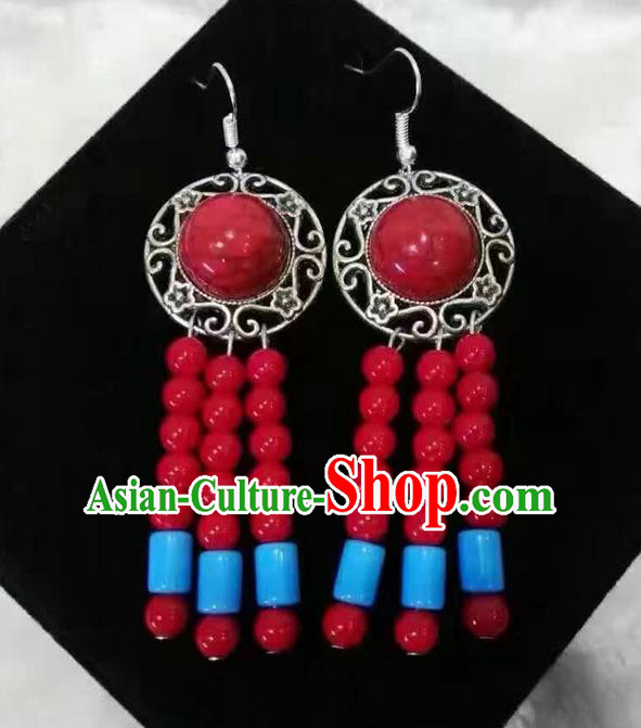 Traditional Handmade Chinese  Mongol Nationality Dance Accessories Earrings, China Mongols Mongolian Minority Nationality Princess Red Beads Tassel Eardrop for Women