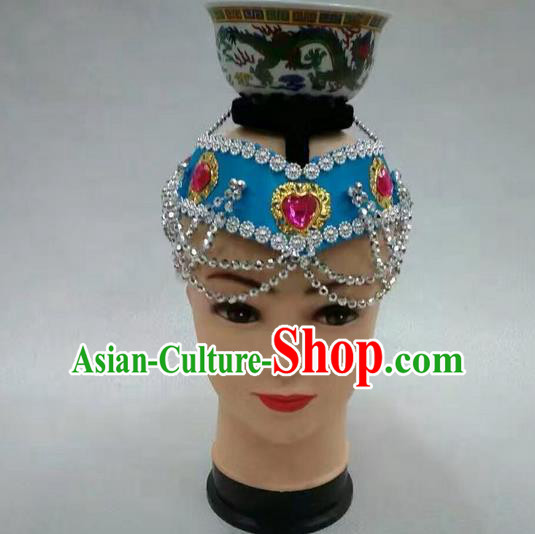 Traditional Handmade Chinese Mongol Nationality Dance Blue Hair Accessories Headwear, China Mongols Mongolian Minority Nationality Bride Headpiece for Women