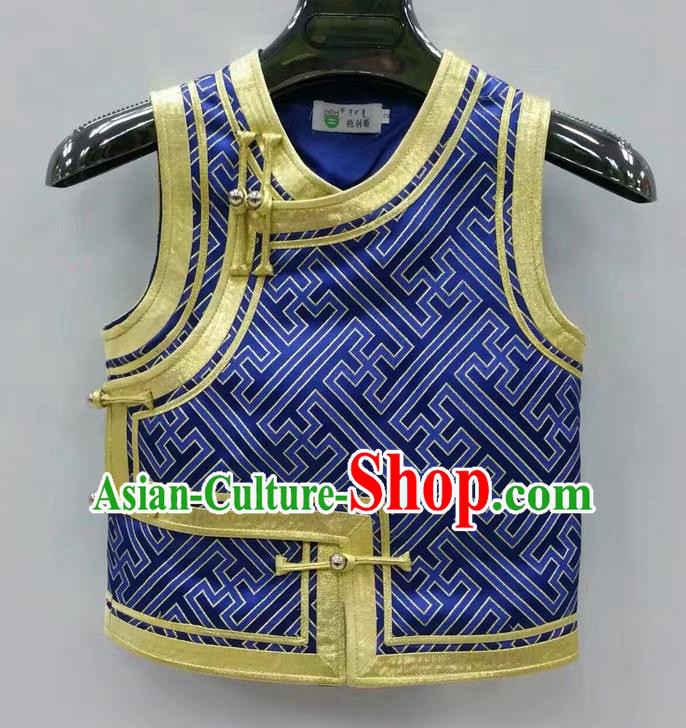 Traditional Chinese Mongol Nationality Prince Dance Costume, Mongols Children Folk Dance Ethnic Vest, Chinese Mongolian Minority Nationality Embroidery Royalblue Waistcoat for Kids