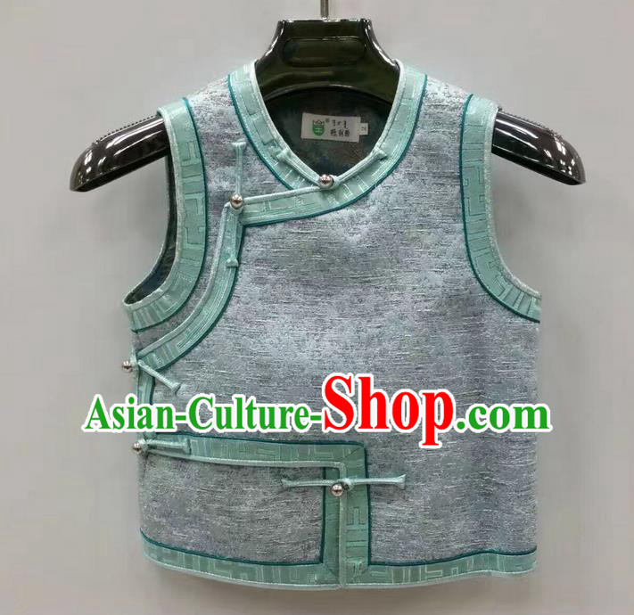Traditional Chinese Mongol Nationality Prince Dance Costume, Mongols Children Folk Dance Ethnic Vest, Chinese Mongolian Minority Nationality Embroidery Green Waistcoat for Kids