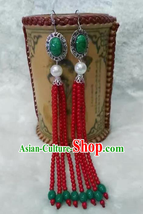 Traditional Handmade Chinese  Mongol Nationality Dance Accessories Red Earrings, China Mongols Mongolian Minority Nationality Princess Long Beads Tassel Eardrop for Women