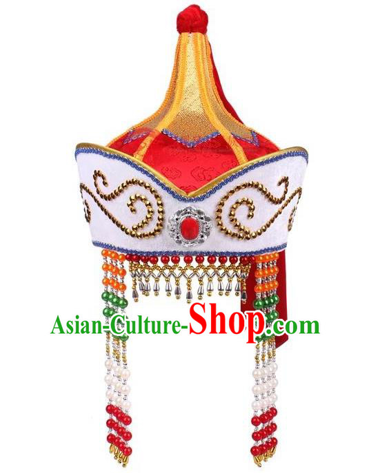 Traditional Handmade Chinese Mongol Nationality Dance Princess Hair Accessories Red Hat, China Mongols Mongolian Minority Nationality Bride Headpiece for Women