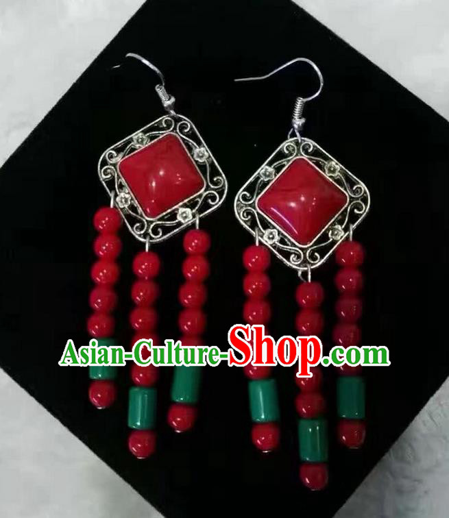 Traditional Handmade Chinese  Mongol Nationality Dance Accessories Earrings, China Mongols Mongolian Minority Nationality Princess Red Beads Tassel Eardrop for Women