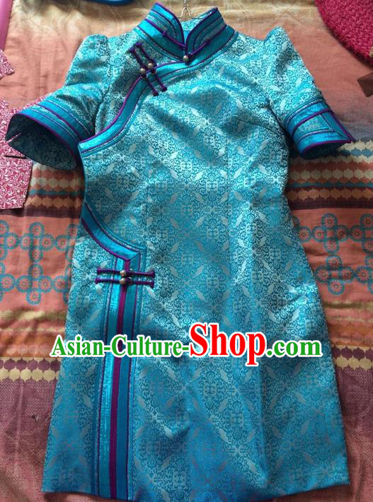 Traditional Chinese Mongol Nationality Dance Costume Blue Mongol Robes, Chinese Mongolian Minority Nationality Embroidery Dress Clothing for Women