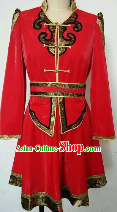 Traditional Chinese Mongol Nationality Dance Costume Red Mongol Robes, Chinese Children Mongolian Minority Nationality Embroidery Dress Clothing for Women