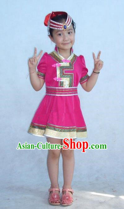 Traditional Chinese Mongol Nationality Dance Costume Children Pink Mongol Robe, China Mongolian Minority Nationality Embroidery Dress Clothing for Kids