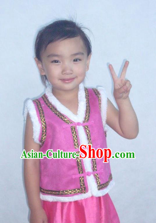 Traditional Chinese Mongol Nationality Dance Costume Children Pink Mongol Vest, China Mongolian Minority Nationality Waistcoat Clothing for Kids