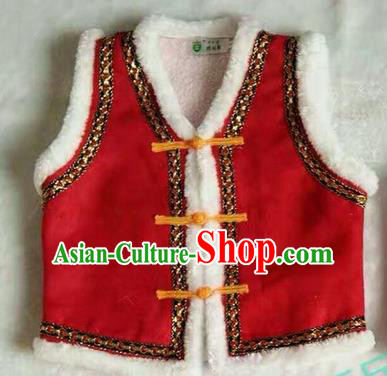 Traditional Chinese Mongol Nationality Dance Costume Children Red Mongol Vest, China Mongolian Minority Nationality Waistcoat Clothing for Kids
