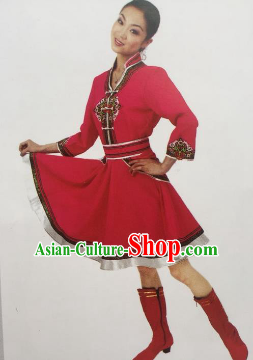 Traditional Chinese Mongol Nationality Dance Costume, China Mongolian Minority Nationality Rosy Dress Clothing for Women