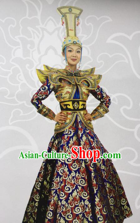 Traditional Chinese Mongol Nationality Dance Costume Celebration Mongolian Robe, China Mongolian Minority Nationality Princess Dress Clothing for Women