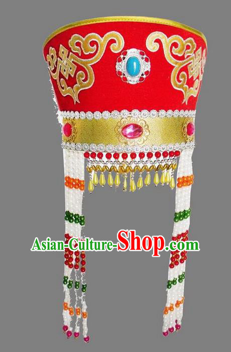 Traditional Handmade Chinese Mongol Nationality Dance Red Headwear Princess Hat, China Mongols Mongolian Minority Nationality Bride Headpiece for Women