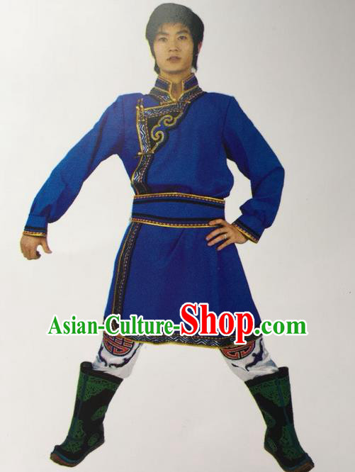 Traditional Chinese Mongol Nationality Dance Costume Handmade Royalblue Mongolian Robe, China Mongolian Minority Nationality Clothing for Men