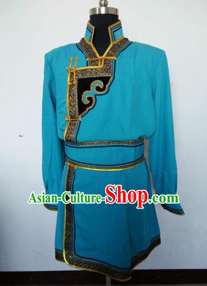 Traditional Chinese Mongol Nationality Dance Costume Handmade Blue Mongolian Robe, China Mongolian Minority Nationality Clothing for Men