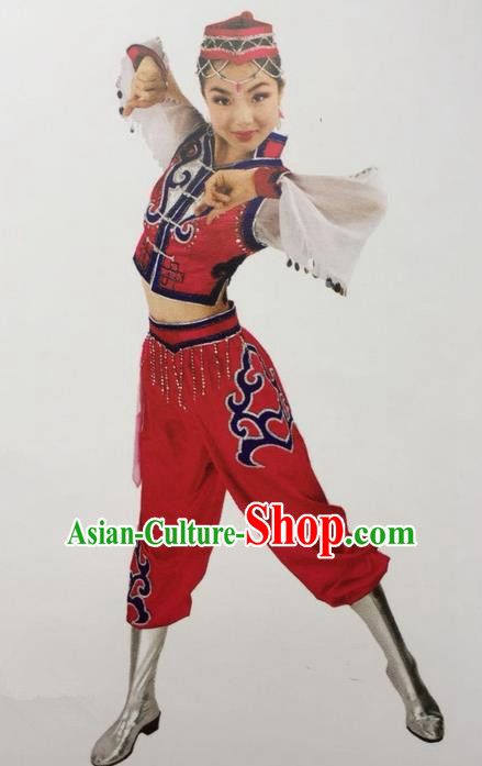 Traditional Chinese Mongol Nationality Dance Costume Red Mongolian Clothing, China Mongolian Minority Nationality Clothing for Women