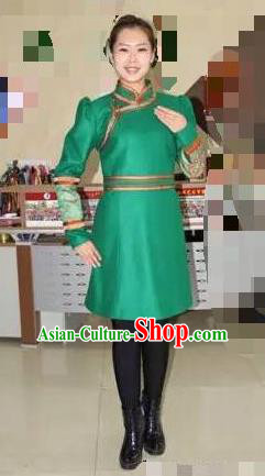 Traditional Chinese Mongol Nationality Dance Costume Handmade Green Wool Mongolian Robe, China Mongolian Minority Nationality Dress Clothing for Women